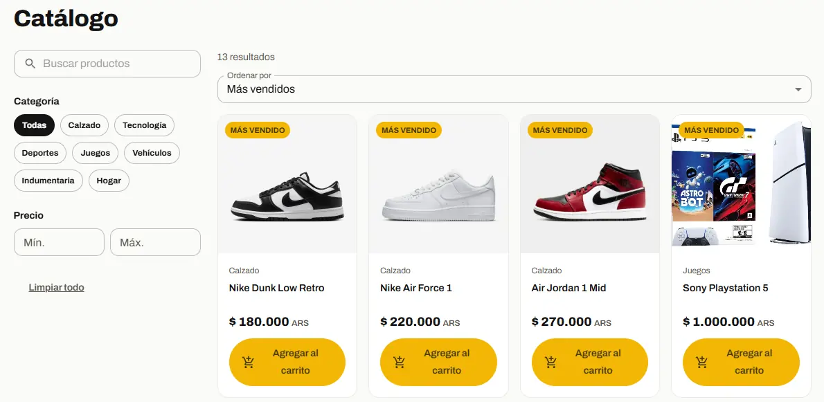 Catálogo de productos con filtros, precios y botones para agregar al carrito
