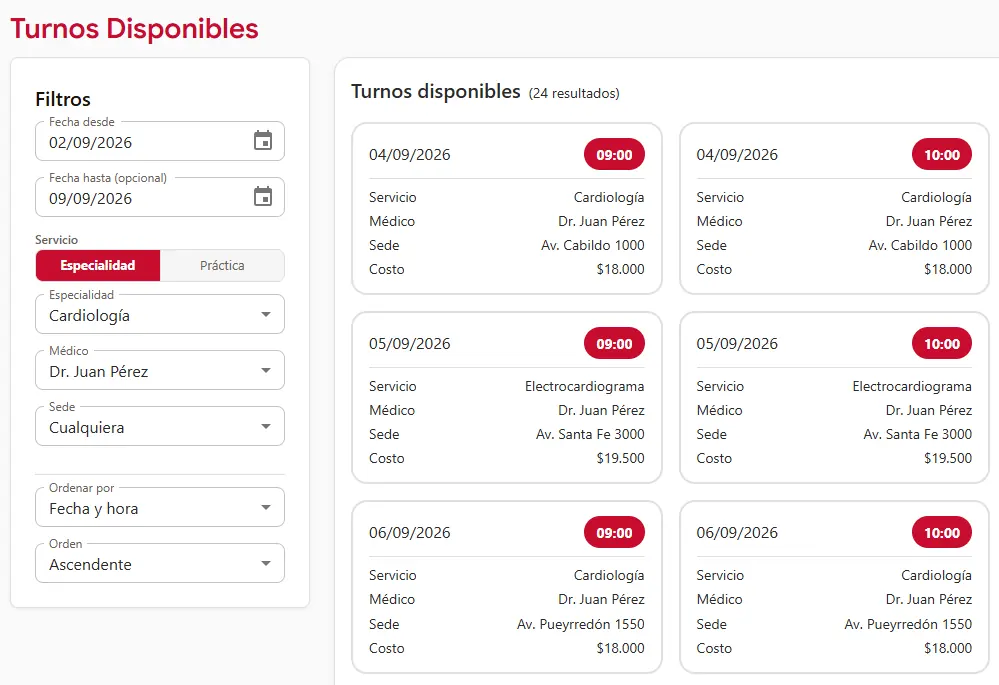 Panel de gestión de turnos con filtros, pacientes, horarios y estados