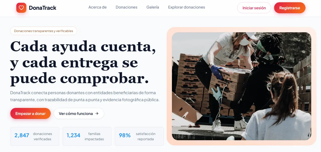 Landing page de una plataforma de donaciones con métricas y llamadas a la acción